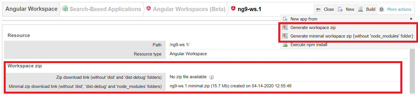 Workspace generate zip actions