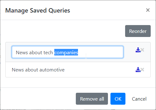 Manage saved queries modal