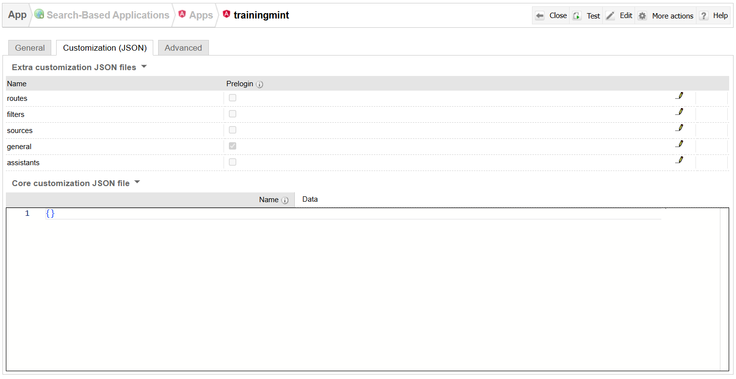 Customization (JSON) tab in App