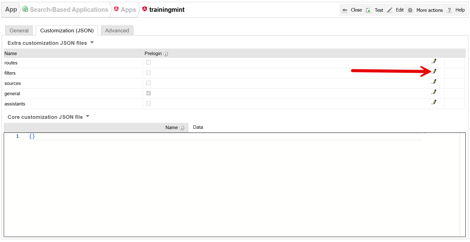 Customization (JSON) tab in App